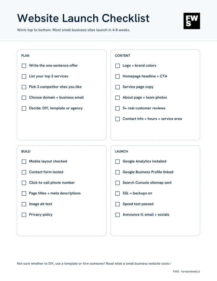 Website launch checklist page from the FWS planner
