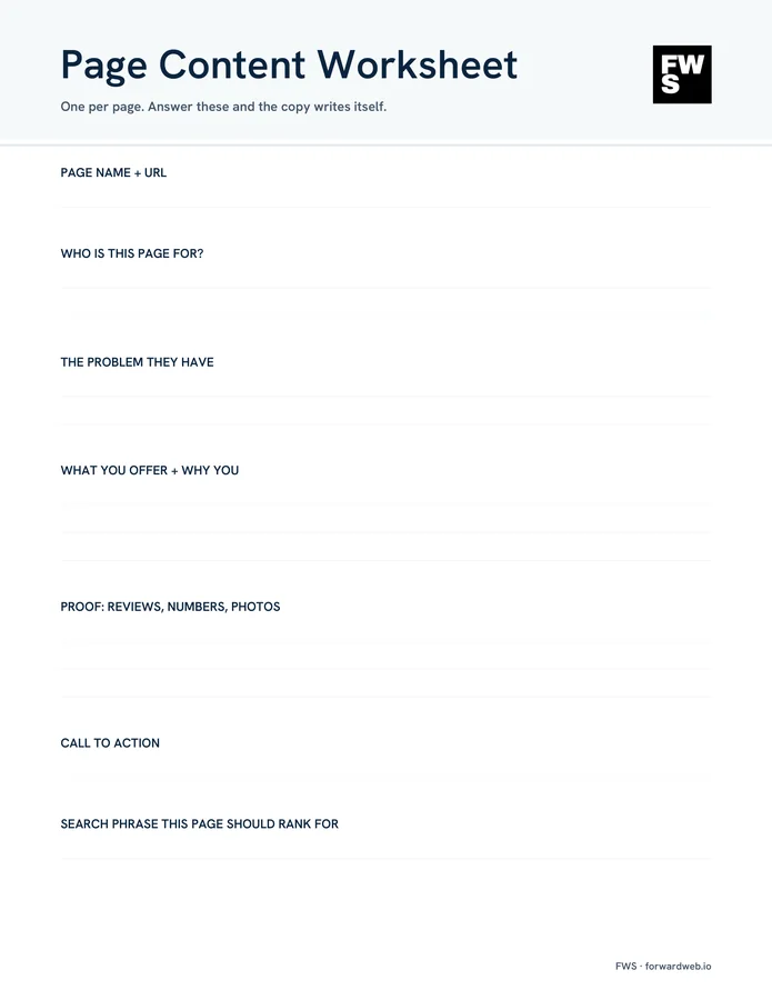 Page content worksheet from the FWS planner