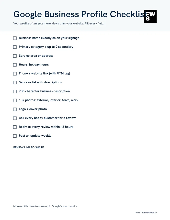 Google Business Profile checklist from the FWS planner