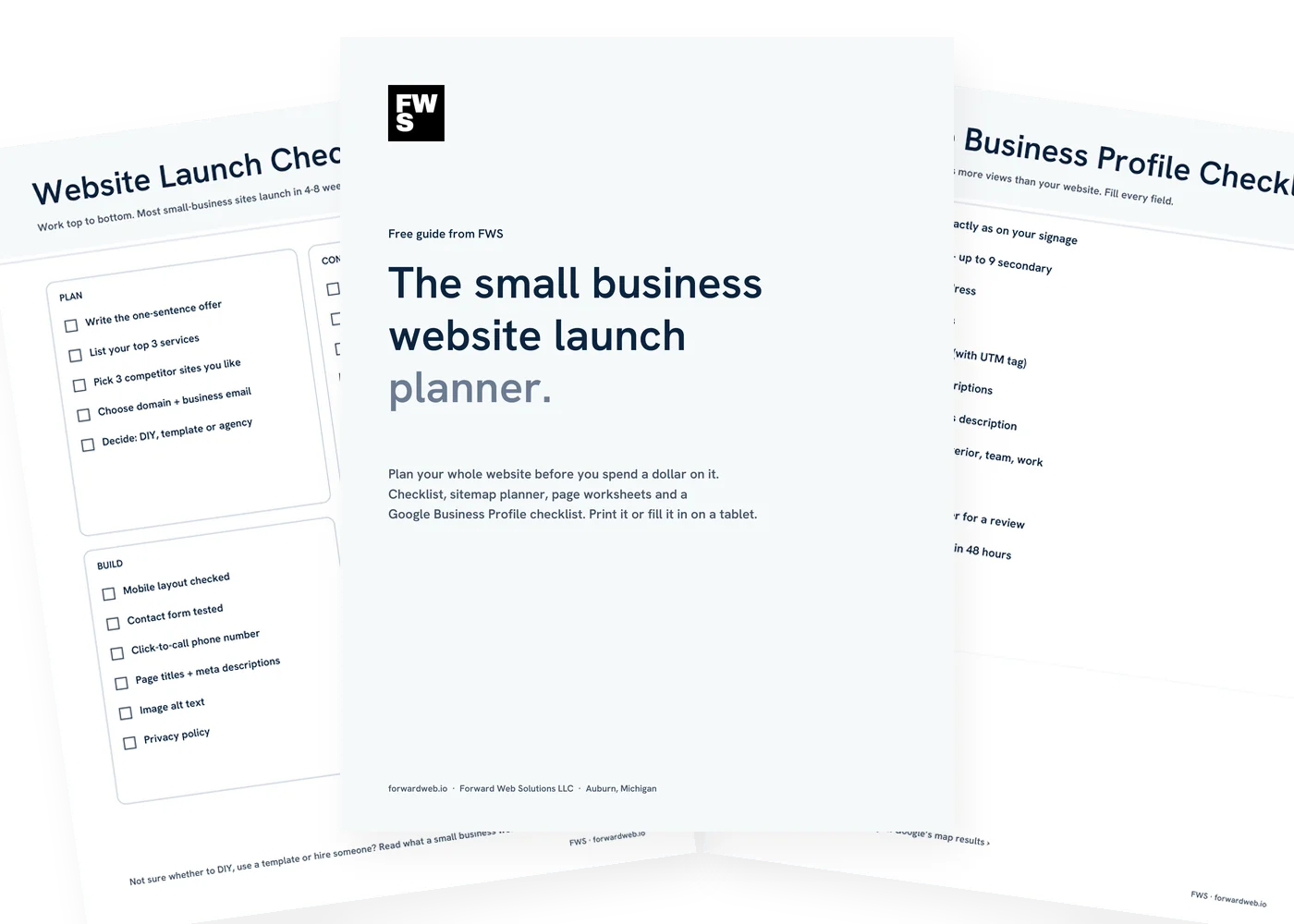 Pages from the FWS small business website planner: launch checklist, cover and Google Business Profile checklist